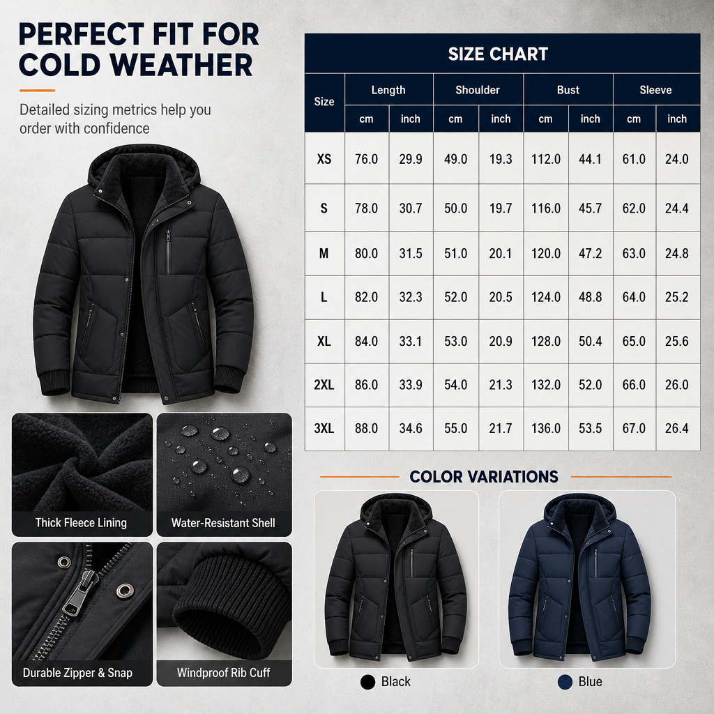 💕Free Shipping✈️Men's Winter Fleece Lined Coat with Detachable Hood