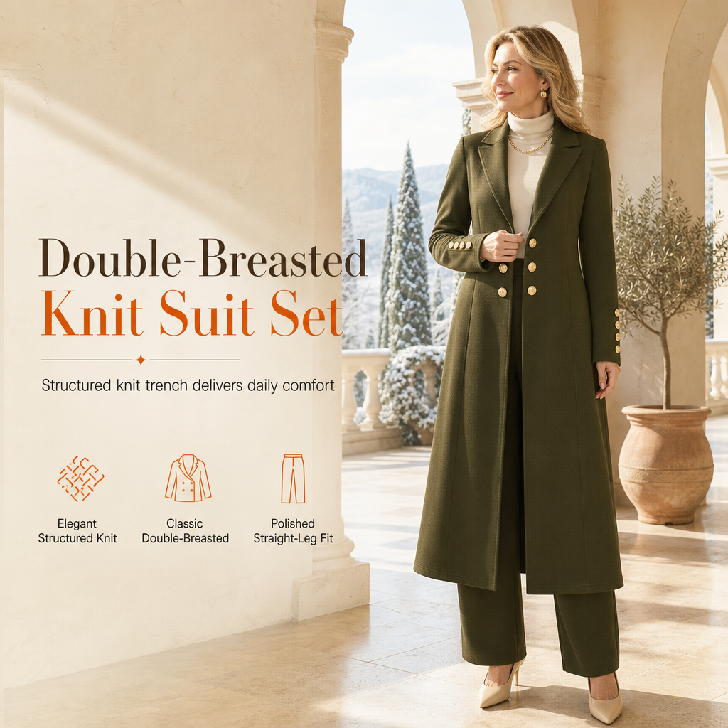 💖Women's Elegant Autumn 2 Piece Outfit Set with Retro Long Sleeve Coat and Simple Trousers