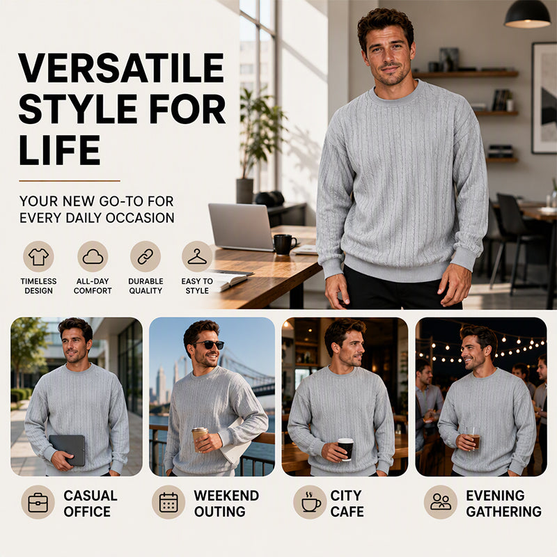 🧶 Men's Cable Knit Crewneck Sweatshirt ✨ – 50% OFF | Relaxed Fit & 30-Day Money-Back Guarantee