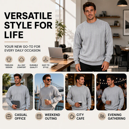 🧶 Men's Cable Knit Crewneck Sweatshirt ✨ – 50% OFF | Relaxed Fit & 30-Day Money-Back Guarantee