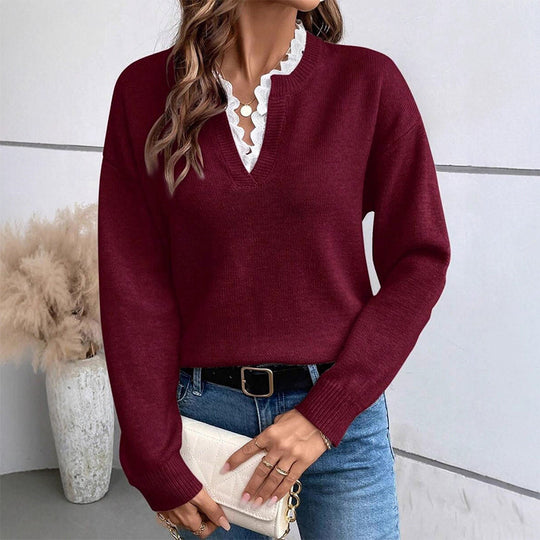 🌸LAST DAY SPECIAL PRICE!!🌸Women's Mock Neck Lace Trim Knit Sweater
