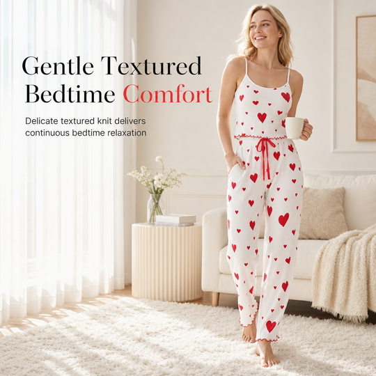 💖Womens 2 Piece Ribbed Pajama Set Heart Print Camisole Top and Long Pants Loungewear