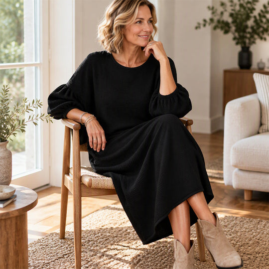 Women's Textured Knit Puff Sleeve Midi Dress