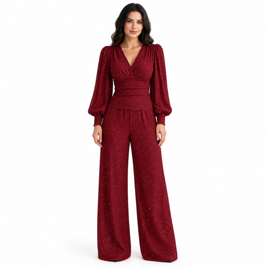 ✨ Women's Two Piece Outfit Fall Winter Deep V Neck Lantern Sleeve Pleated Top and Wide Leg Pants with Pockets