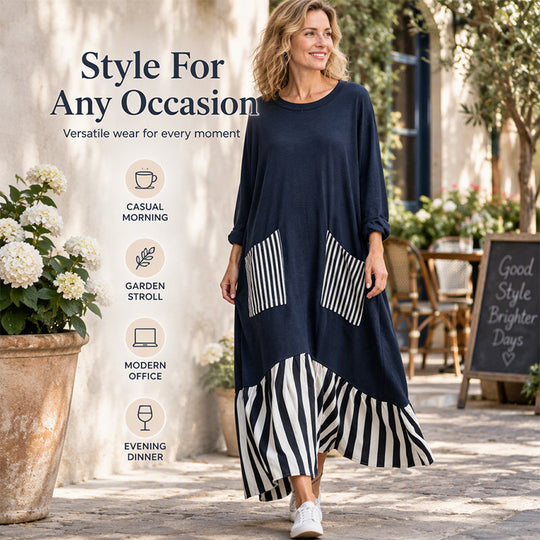 ✨Women's Striped Patchwork Long Sleeve Maxi Dress